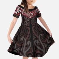 New Zealand Aotearoa Family Matching Short Sleeve Bodycon Dress and Hawaiian Shirt Red Taniko Art Maori Pattern LT05 Daughter's Dress Red - Polynesian Pride