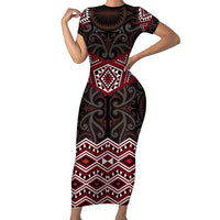 New Zealand Aotearoa Family Matching Short Sleeve Bodycon Dress and Hawaiian Shirt Red Taniko Art Maori Pattern LT05 Mom's Dress Red - Polynesian Pride