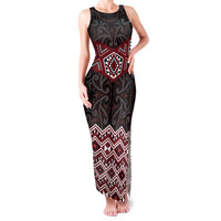 New Zealand Aotearoa Family Matching Tank Maxi Dress and Hawaiian Shirt Red Taniko Art Maori Pattern LT05 Mom's Dress Red - Polynesian Pride