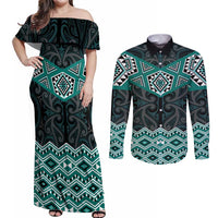 New Zealand Aotearoa Couples Matching Off Shoulder Maxi Dress and Long Sleeve Button Shirt Turquoise Taniko Art Maori Pattern LT05 Turquoise - Polynesian Pride