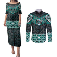 New Zealand Aotearoa Couples Matching Puletasi and Long Sleeve Button Shirt Turquoise Taniko Art Maori Pattern LT05 Turquoise - Polynesian Pride