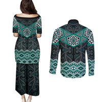 New Zealand Aotearoa Couples Matching Puletasi and Long Sleeve Button Shirt Turquoise Taniko Art Maori Pattern LT05 - Polynesian Pride