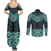 New Zealand Aotearoa Couples Matching Summer Maxi Dress and Long Sleeve Button Shirt Turquoise Taniko Art Maori Pattern LT05 - Polynesian Pride