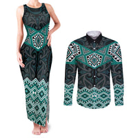 New Zealand Aotearoa Couples Matching Tank Maxi Dress and Long Sleeve Button Shirt Turquoise Taniko Art Maori Pattern LT05 Turquoise - Polynesian Pride