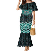 New Zealand Aotearoa Family Matching Mermaid Dress and Hawaiian Shirt Turquoise Taniko Art Maori Pattern LT05 Mom's Dress Turquoise - Polynesian Pride