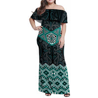 New Zealand Aotearoa Family Matching Off Shoulder Maxi Dress and Hawaiian Shirt Turquoise Taniko Art Maori Pattern LT05 Mom's Dress Turquoise - Polynesian Pride