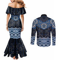 New Zealand Aotearoa Couples Matching Mermaid Dress and Long Sleeve Button Shirt Blue Taniko Art Maori Pattern LT05 - Polynesian Pride