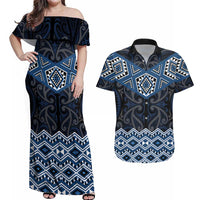 New Zealand Aotearoa Couples Matching Off Shoulder Maxi Dress and Hawaiian Shirt Blue Taniko Art Maori Pattern LT05 Blue - Polynesian Pride