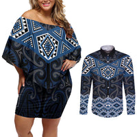 New Zealand Aotearoa Couples Matching Off Shoulder Short Dress and Long Sleeve Button Shirt Blue Taniko Art Maori Pattern LT05 Blue - Polynesian Pride