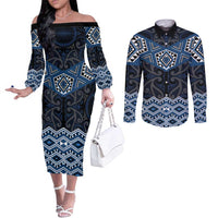 New Zealand Aotearoa Couples Matching Off The Shoulder Long Sleeve Dress and Long Sleeve Button Shirt Blue Taniko Art Maori Pattern LT05 Blue - Polynesian Pride
