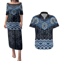New Zealand Aotearoa Couples Matching Puletasi and Hawaiian Shirt Blue Taniko Art Maori Pattern LT05 Blue - Polynesian Pride