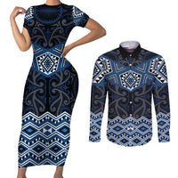 New Zealand Aotearoa Couples Matching Short Sleeve Bodycon Dress and Long Sleeve Button Shirt Blue Taniko Art Maori Pattern LT05 Blue - Polynesian Pride
