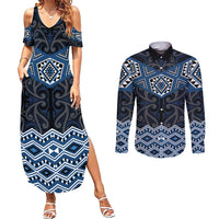 New Zealand Aotearoa Couples Matching Summer Maxi Dress and Long Sleeve Button Shirt Blue Taniko Art Maori Pattern LT05 Blue - Polynesian Pride