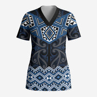 New Zealand Aotearoa Scrub Top Blue Taniko Art Maori Pattern - Polynesian Pride