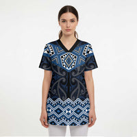 New Zealand Aotearoa Scrub Top Blue Taniko Art Maori Pattern - Polynesian Pride