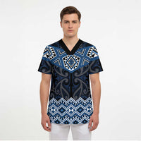 New Zealand Aotearoa Scrub Top Blue Taniko Art Maori Pattern - Polynesian Pride