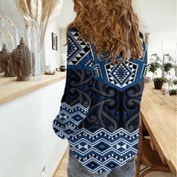 New Zealand Aotearoa Women Casual Shirt Blue Taniko Art Maori Pattern LT05 - Polynesian Pride