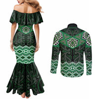 New Zealand Aotearoa Couples Matching Mermaid Dress and Long Sleeve Button Shirt Green Taniko Art Maori Pattern LT05 - Polynesian Pride