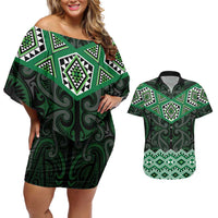 New Zealand Aotearoa Couples Matching Off Shoulder Short Dress and Hawaiian Shirt Green Taniko Art Maori Pattern LT05 Green - Polynesian Pride
