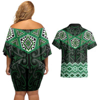 New Zealand Aotearoa Couples Matching Off Shoulder Short Dress and Hawaiian Shirt Green Taniko Art Maori Pattern LT05 - Polynesian Pride
