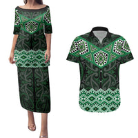 New Zealand Aotearoa Couples Matching Puletasi and Hawaiian Shirt Green Taniko Art Maori Pattern LT05 Green - Polynesian Pride