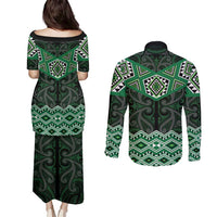 New Zealand Aotearoa Couples Matching Puletasi and Long Sleeve Button Shirt Green Taniko Art Maori Pattern LT05 - Polynesian Pride