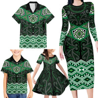 New Zealand Aotearoa Family Matching Long Sleeve Bodycon Dress and Hawaiian Shirt Green Taniko Art Maori Pattern LT05 - Polynesian Pride