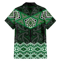 New Zealand Aotearoa Family Matching Off The Shoulder Long Sleeve Dress and Hawaiian Shirt Green Taniko Art Maori Pattern