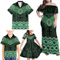 New Zealand Aotearoa Family Matching Off Shoulder Maxi Dress and Hawaiian Shirt Green Taniko Art Maori Pattern LT05 - Polynesian Pride