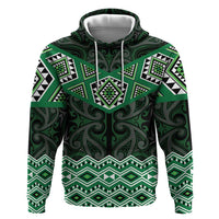 New Zealand Aotearoa Zip Hoodie Green Taniko Art Maori Pattern
