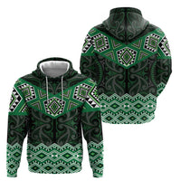 New Zealand Aotearoa Zip Hoodie Green Taniko Art Maori Pattern