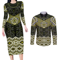 New Zealand Aotearoa Couples Matching Long Sleeve Bodycon Dress and Long Sleeve Button Shirt Yellow Taniko Art Maori Pattern LT05 Yellow - Polynesian Pride