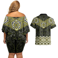 New Zealand Aotearoa Couples Matching Off Shoulder Short Dress and Hawaiian Shirt Yellow Taniko Art Maori Pattern LT05 - Polynesian Pride