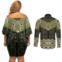 New Zealand Aotearoa Couples Matching Off Shoulder Short Dress and Long Sleeve Button Shirt Yellow Taniko Art Maori Pattern LT05 - Polynesian Pride
