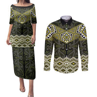 New Zealand Aotearoa Couples Matching Puletasi and Long Sleeve Button Shirt Yellow Taniko Art Maori Pattern LT05 Yellow - Polynesian Pride