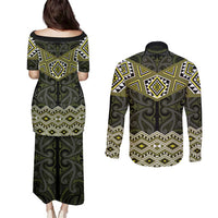 New Zealand Aotearoa Couples Matching Puletasi and Long Sleeve Button Shirt Yellow Taniko Art Maori Pattern LT05 - Polynesian Pride