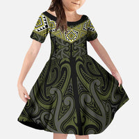 New Zealand Aotearoa Family Matching Long Sleeve Bodycon Dress and Hawaiian Shirt Yellow Taniko Art Maori Pattern LT05 Daughter's Dress Yellow - Polynesian Pride