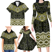 New Zealand Aotearoa Family Matching Long Sleeve Bodycon Dress and Hawaiian Shirt Yellow Taniko Art Maori Pattern LT05 - Polynesian Pride