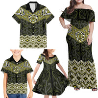 New Zealand Aotearoa Family Matching Off Shoulder Maxi Dress and Hawaiian Shirt Yellow Taniko Art Maori Pattern LT05 - Polynesian Pride