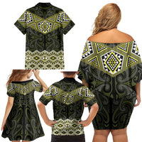 New Zealand Aotearoa Family Matching Off Shoulder Short Dress and Hawaiian Shirt Yellow Taniko Art Maori Pattern LT05 - Polynesian Pride