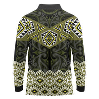 New Zealand Aotearoa Long Sleeve Polo Shirt Yellow Taniko Art Maori Pattern
