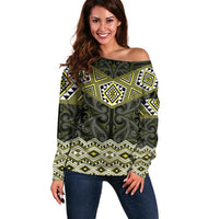 New Zealand Aotearoa Off Shoulder Sweater Yellow Taniko Art Maori Pattern
