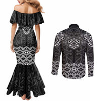 New Zealand Aotearoa Couples Matching Mermaid Dress and Long Sleeve Button Shirt Black Taniko Art Maori Pattern LT05 - Polynesian Pride