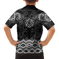 New Zealand Aotearoa Family Matching Off The Shoulder Long Sleeve Dress and Hawaiian Shirt Black Taniko Art Maori Pattern
