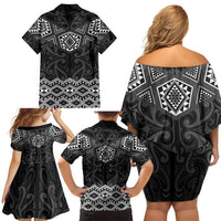 New Zealand Aotearoa Family Matching Off Shoulder Short Dress and Hawaiian Shirt Black Taniko Art Maori Pattern LT05 - Polynesian Pride