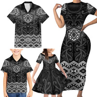 New Zealand Aotearoa Family Matching Short Sleeve Bodycon Dress and Hawaiian Shirt Black Taniko Art Maori Pattern LT05 - Polynesian Pride