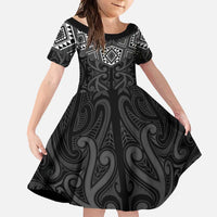 New Zealand Aotearoa Family Matching Summer Maxi Dress and Hawaiian Shirt Black Taniko Art Maori Pattern LT05 Daughter's Dress Black - Polynesian Pride