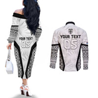 Custom Fiji 2026 Rugby Couples Matching Off The Shoulder Long Sleeve Dress and Long Sleeve Button Shirt Fijian Tapa Pattern
