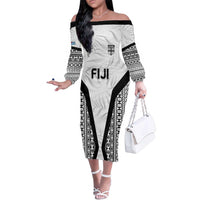 Custom Fiji 2026 Rugby Family Matching Off The Shoulder Long Sleeve Dress and Hawaiian Shirt Fijian Tapa Pattern LT05 Mom's Dress White - Polynesian Pride