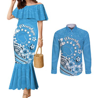 Personalised Penrhyn Gospel Day Couples Matching Mermaid Dress and Long Sleeve Button Shirt Cook Islands Tribal Pattern LT05 Blue - Polynesian Pride